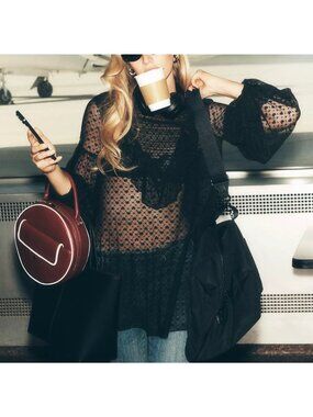 Maeve Anthropologie Hearted Long Sleeve Sheer Mesh Tunic Top Black Size XS